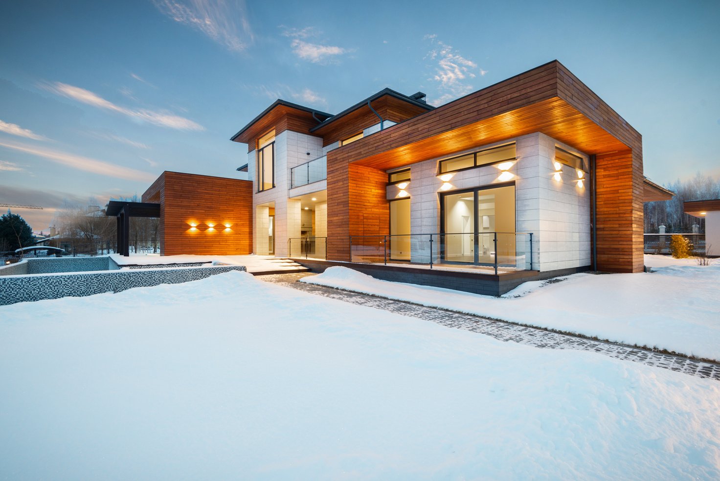 Luxurious cottage house facade in winter